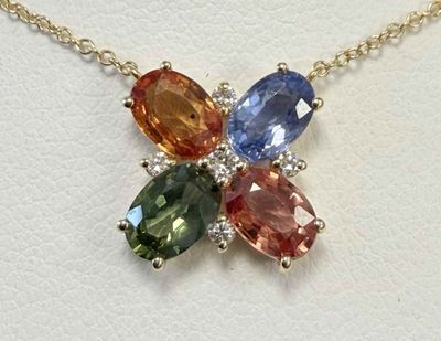 an image of a multicolored necklace on a white surface