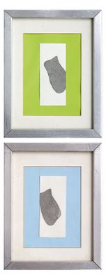 two framed pictures of a pair of shoes on a green and blue background