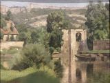 un tableau représentant un château avec une tour au centre