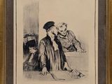 a black and white drawing of a man sitting at a table