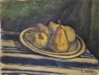 une peinture représentant une assiette de poires posée sur une table