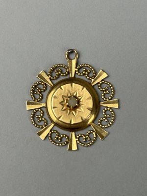a close up of a gold medallion with a star on it
