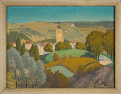 an image of a painting of a landscape with a castle in the distance