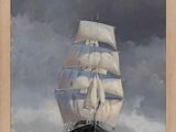 une peinture à l'huile représentant un voilier en mer sous un ciel nuageux