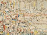 a painting on the wall of a room with a lot of people