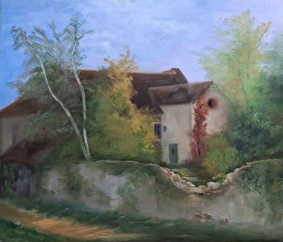 a painting of a house on a hill in the country