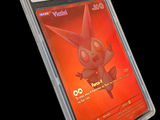une carte Pokémon dans un étui en plastique sur fond noir