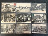 several old black and white photographs of people in a train station