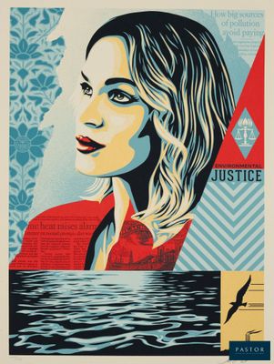 une affiche représentant une femme vêtue d'une veste rouge sur fond bleu