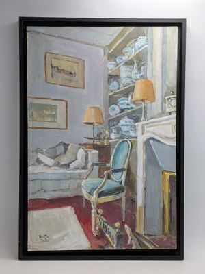 un tableau représentant un salon avec un canapé et un fauteuil