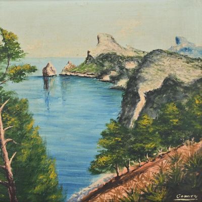 une peinture à l'huile représentant une étendue d'eau entourée d'arbres