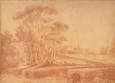 drawing of a landscape with trees and a bridge in the foreground