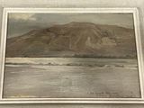 an oil painting of a mountain with a body of water in the foreground