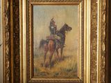 a painting of a man riding a horse in a field