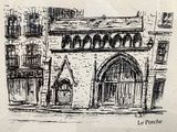 drawing of a drawing of a building with a clock on the top of it