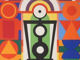 painting of a clock on a stand in front of a colorful background