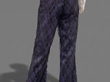 woman in a white shirt and purple pants standing in front of a gray background