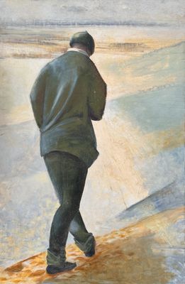 tableau représentant un homme marchant sur la plage avec un parapluie