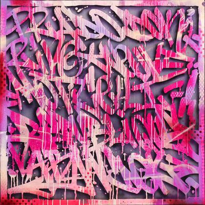 painting of graffiti on a wall in a pink and black frame