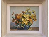 painting of yellow and orange flowers in a blue vase on a table