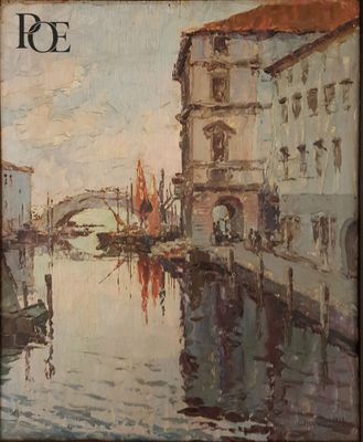 tableau représentant un tableau d'un canal avec un pont en arrière-plan
