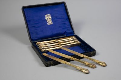 three gold plated spoons in a black case with a blue velvet lining