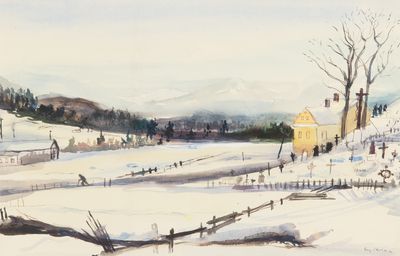 tableau représentant un paysage hivernal avec une ferme au premier plan