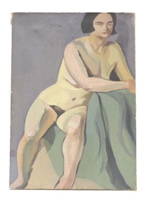 painting of a woman in a yellow dress sitting on a green blanket