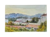 watercolor painting of a view of a village with a church and mountains in the background
