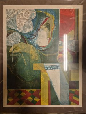 painting of a woman in a green dress in a glass case