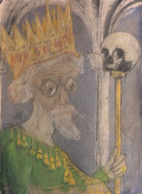 un tableau représentant un homme coiffé d'une couronne et tenant un crâne, accroché au mur