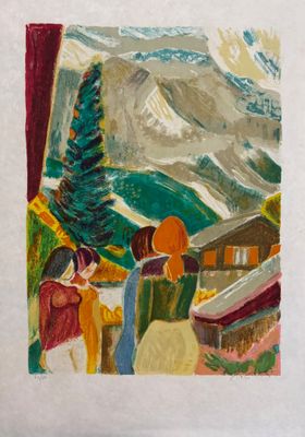 an image of a painting of a group of people standing in front of a mountain
