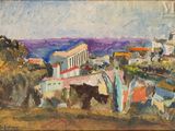 une peinture à l'huile représentant une vue d'une ville avec un cheval au premier plan