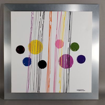 peinture abstraite représentant des cercles multicolores sur fond blanc, dans un cadre argenté