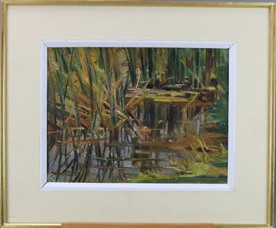une peinture à l'huile représentant un étang entouré de roseaux et d'eau