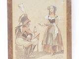 tableau représentant un homme et une femme assis sur une chaise, avec un plateau de nourriture