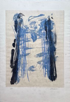 an image of a blue and white painting on a white wall
