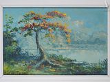 a painting of a tree on the shore of a lake