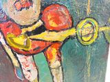 a painting of a man holding a banana in his hand
