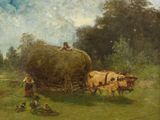 une image représentant un tableau où l'on voit un homme et deux vaches tirant une charrette