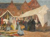 a painting of a market scene with people and tents