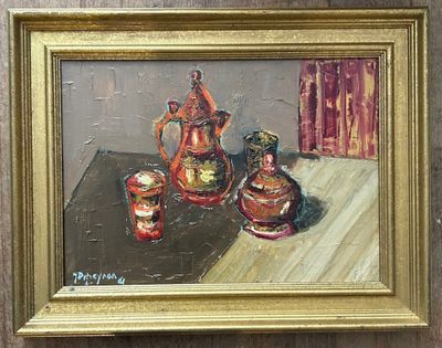 a painting of a painting of a tea pot and two cups on a table
