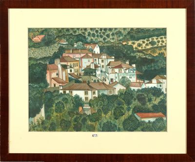 Gouache sur papier " Vue d'Eugaria au Portugal".