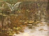 a painting of a bird flying over a body of water
