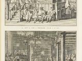 an old book with two pictures of people sitting in a room