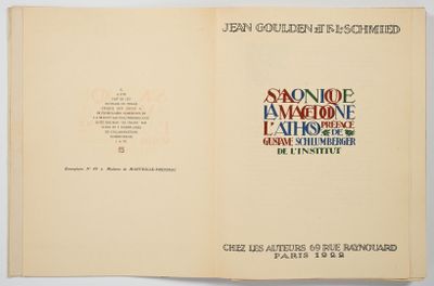 [SCHMIED]. GOULDEN (Jean) et SCHMIED (F.-L.). SALONIQUE, LA MACÉDOINE,