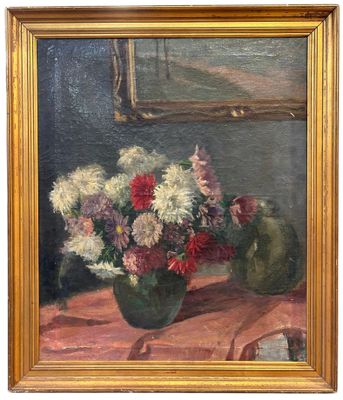 an oil painting of a vase of flowers on a table