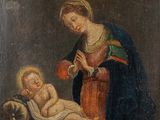 an oil painting of a woman holding a baby in a manger