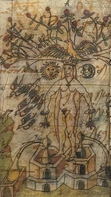 a drawing of a tree with a human figure on it