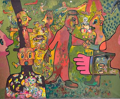 a painting of a group of people standing in front of a painting